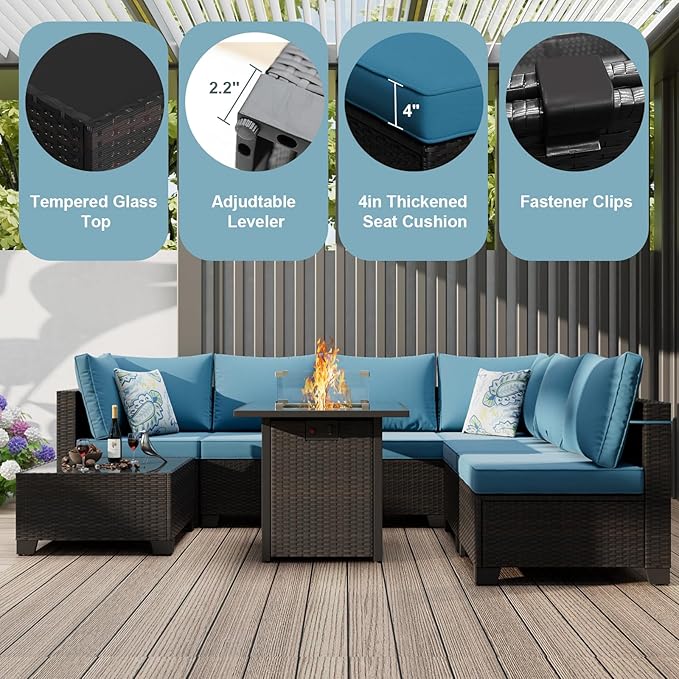 8 Piece Outdoor Patio Furniture Set with Fire Pit Table, Wicker Sectional Sofa Set with Thick Cushions, Perfect for Garden Lawn Pool or Backyard, (Brown/Peacock Blue)