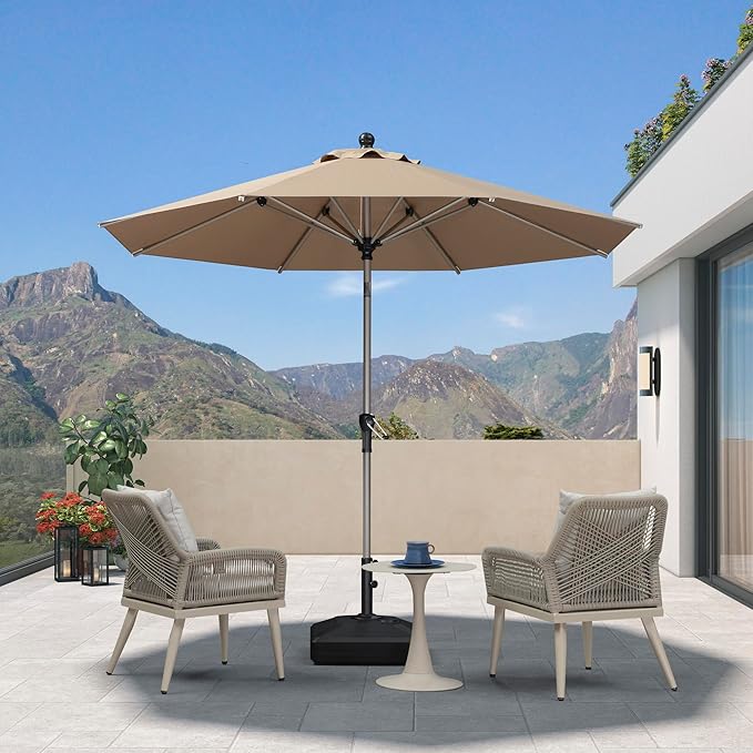 PURPLE LEAF 9' Round Patio Umbrella with Tilt Adjustment, Outdoor Table Umbrella Champagne Aluminum Frame, Market Umbrella Pool Umbrella for Deck Garden, Patio, or Poolside