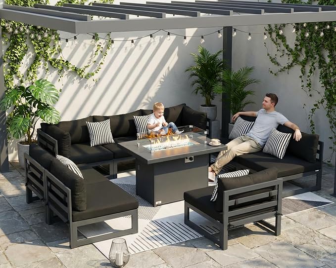 NICESOUL 9 Pcs Large Modern Aluminum Outdoor Patio Furniture Set with Fire Pit Table Propane/Gas, 29" Wide Deep Seat, Fade Resistant Sectional Sofa, 500 lbs Sturdy Conversation Set for Backyard, Black