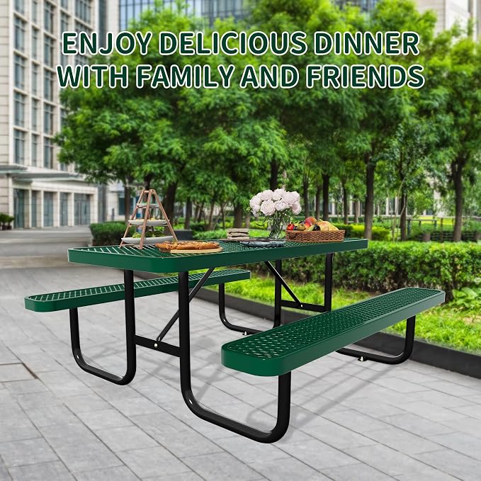 Picnic Tables for Outdoors,Commercial Metal Picnic Table Bench Set with Umbrella Hole,School Canteen Tables W/Seats - Heavy Duty Sturdy Picnic Tables Furniture for Patio Garden (Green, 6FT)