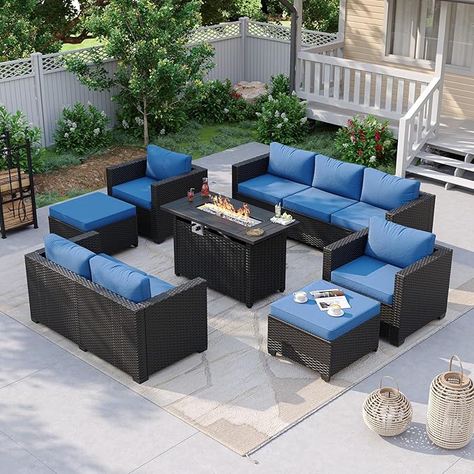 Aoxun 7 Piece Patio Furniture Set with Fire Pit Table, 9 Seats Outdoor Furniture Set with Wicker Ottomans, Rattan Outdoor Sectional Sofa with Thickened Cushion & Waterproof Cover Navy Blue