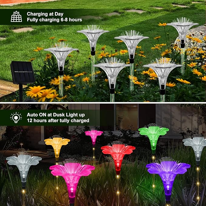 BeHiller Upgraded Solar Garden Light Outside Decorations,Set of 6PCS Multicolor Optical Fiber Bigger Lily Flowers Light Outdoor Waterproof Solar Flowers Lights for Xmas Housewarming Gifts Decor