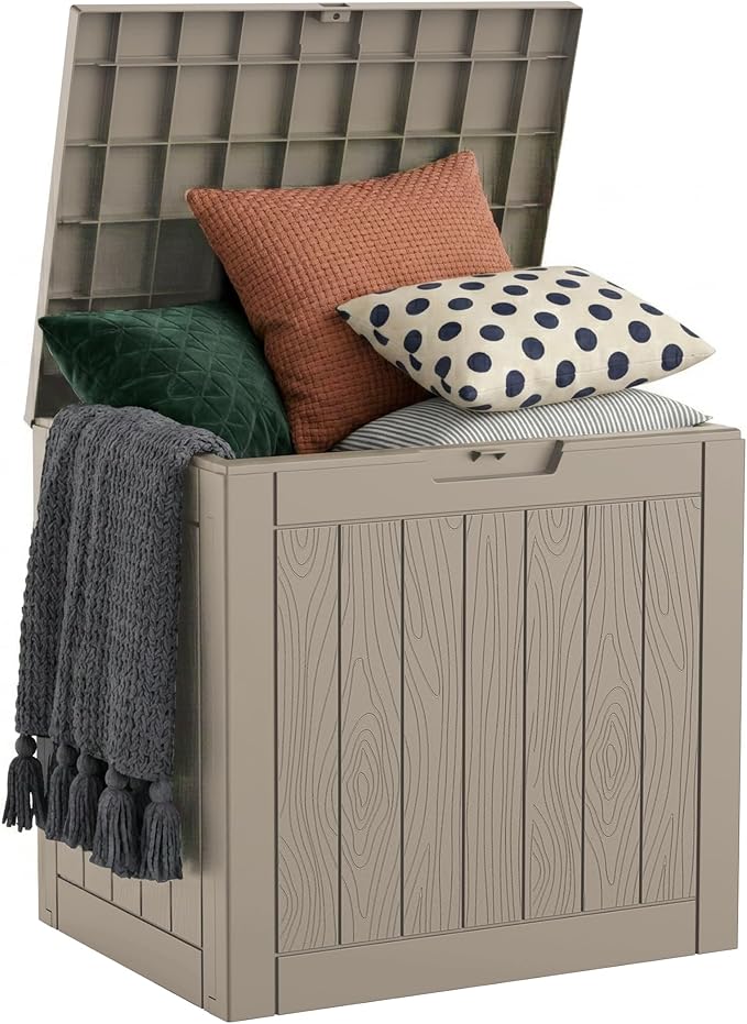 DRATO 35 Gallon Outdoor Storage Box Waterproof, Lockable Resin Deck Box with Lid for Patio Furniture Bench, Pool Garden Tools, Weatherproof Outside Storage Bin for Backyard Porch (Grey, 35 Gallon)