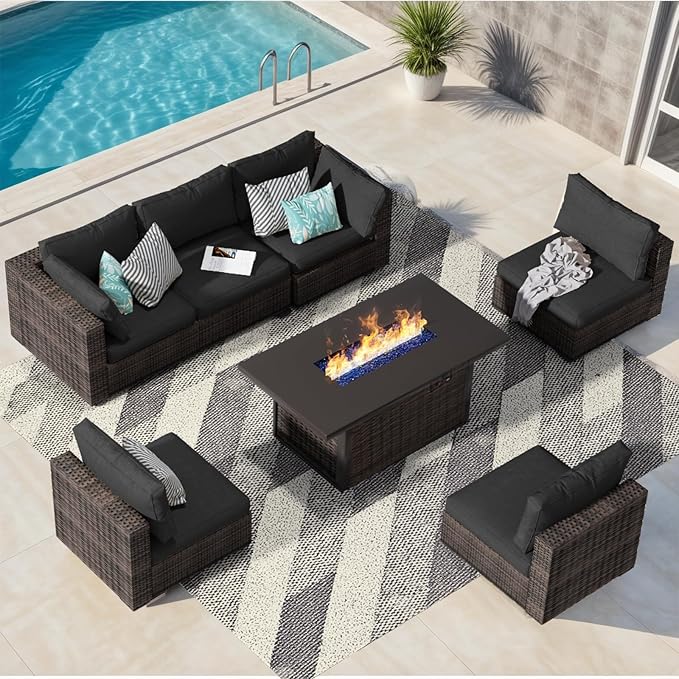 Patio Furniture Set with Fire Pit Table, Outdoor Sectional Rattan Sofa Set, Patio Set Seating Furniture with Thickened Cushions (Black, 7 Pieces)