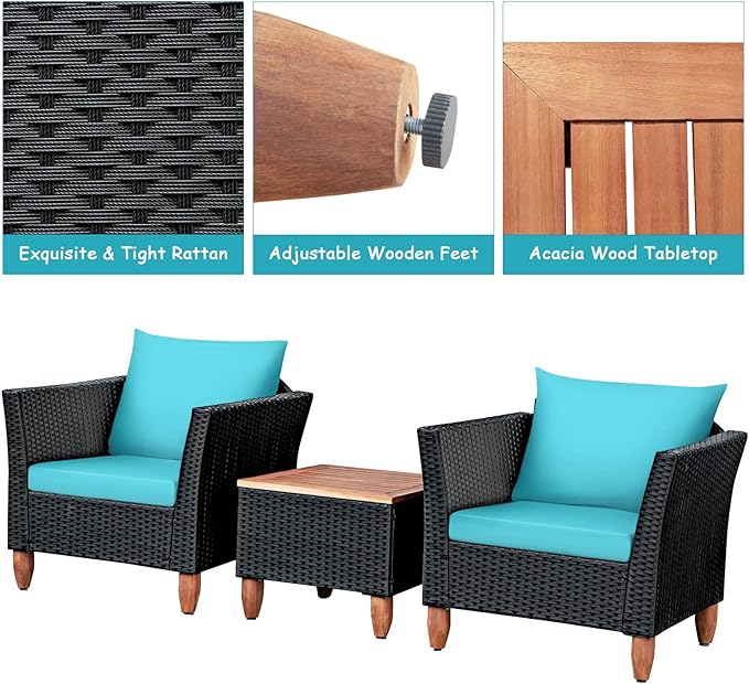 COSTWAY 3 Pieces Patio Rattan Furniture Set, Outdoor Wicker Conversation Chairs Set with Acacia Wood Coffee Table & Washable Cushion, Porch Furniture Bistro Set for Balcony, Garden Backyard, Turquoise