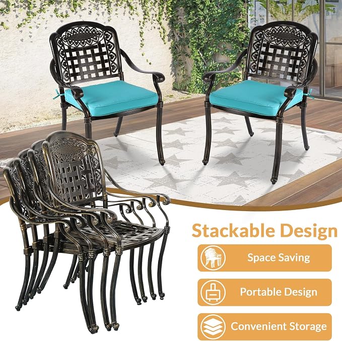 9 Piece Outdoor Patio Dining Set for 8, Cast Aluminium Large Square Dining Table & 8 Cushioned Stackable Chairs, Umbrella Hole, Patio Furniture Set for Garden Porch Poolside, Ocean Blue