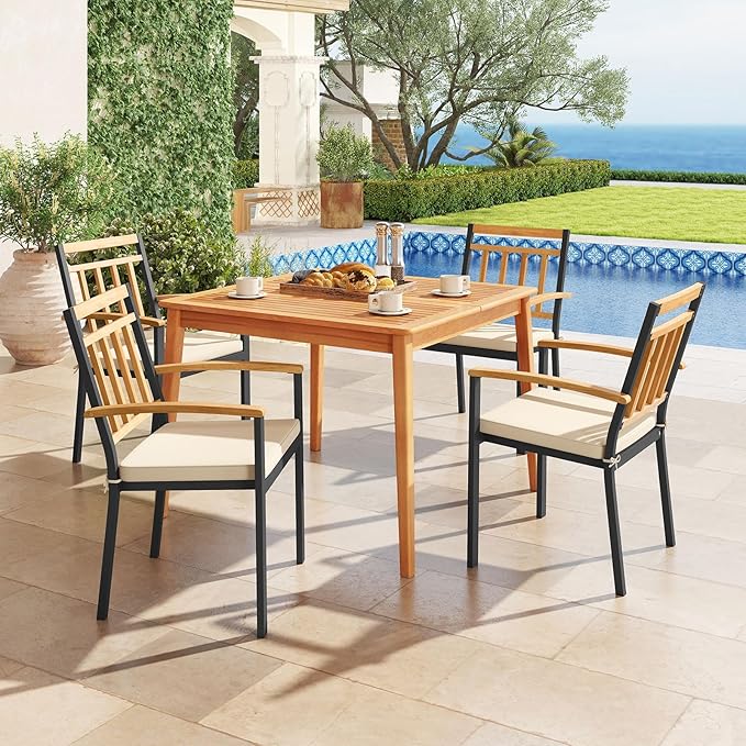 Tangkula 5 Piece Patio Wood Dining Set, Outdoor Square Acacia Table with Umbrella Hole and Metal Chairs Set w/Soft Seat Cushions, for Front Porch, Yard, Balcony and Poolside