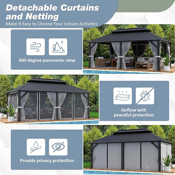 12'x20' Permanent Hardtop Gazebo Outdoor Grill Gazebo Aluminum Galvanized Steel Double Roof Outdoor Pergola Include Curtain and Netting for Backyard, Patio, Lawn