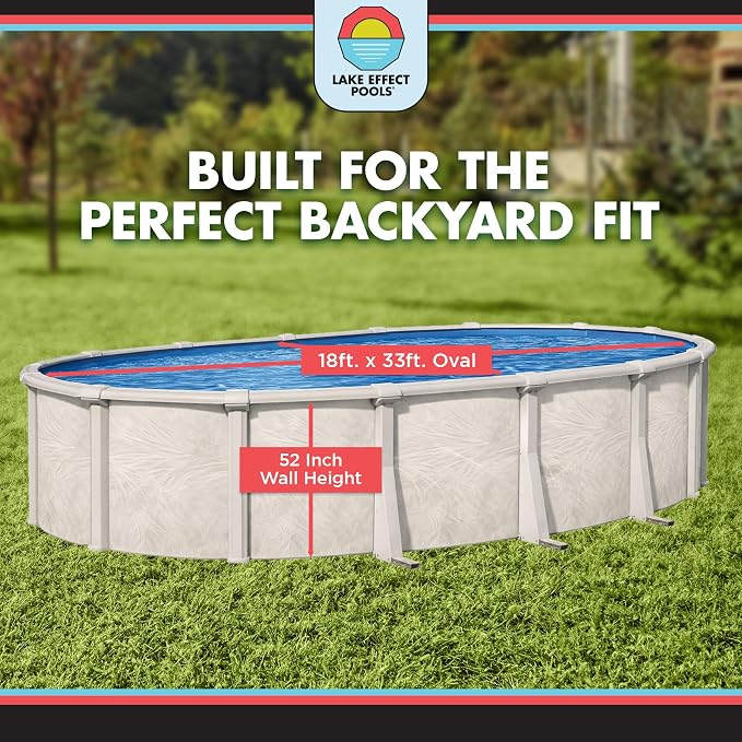 Lake Effect Pools 'Fallston' 18 ft x 33 ft Oval Above Ground Swimming Pool | 52 Inch Steel Side Walls | Kit Includes: 25 Gauge Overlap Liner & Widemouth Skimmer