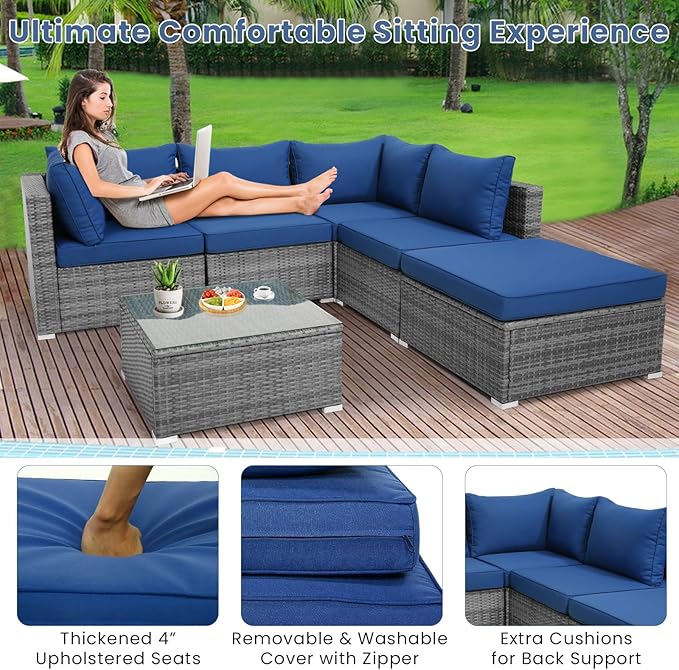 Tangkula 6 Pieces Sectional Patio Furniture Set, Weather Resistant Heavy Duty Outdoor Modular Sofa Set with Soft Padded Cushions, Tempered Glass Coffee Table, for Deck, Garden, Lawn, Poolside (Navy)