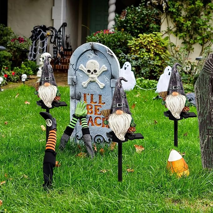 Halloween Gnome Garden Lights Outdoor Solar Halloween Pathway lights, Fall Yard Stakes Fall Decorations Gnome Statue with Bat&Pumpkin, Gnomes Gifts Fairy Garden Lights for Outside Lawn(Purple)