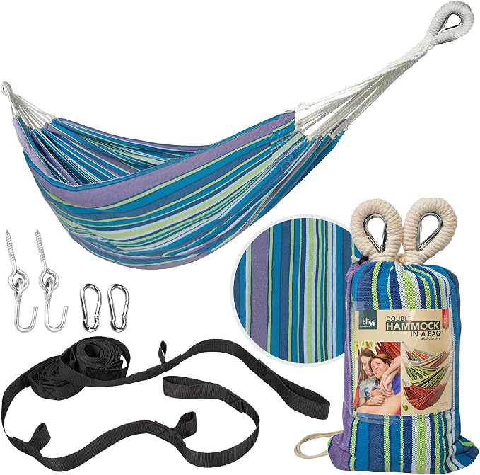 Bliss Hammocks 60" W Double Outdoor Hammock with Hand-Woven Rope Loops & Tree Straps, Patio, Durable, Cotton/Polyester, 265 Lbs Capacity, Malibu Stripe