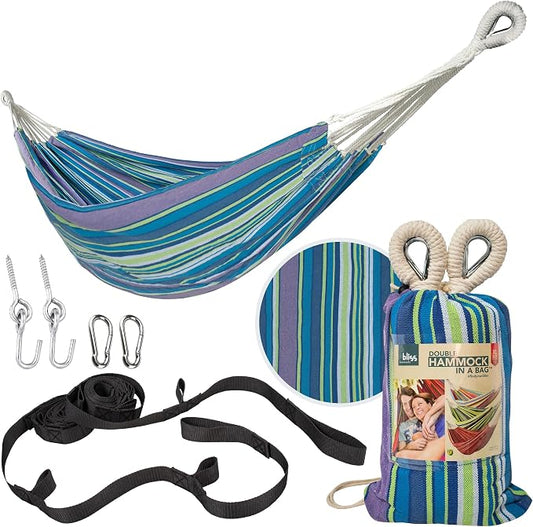 Bliss Hammocks 60" W Double Outdoor Hammock with Hand-Woven Rope Loops & Tree Straps, Patio, Durable, Cotton/Polyester, 265 Lbs Capacity, Malibu Stripe