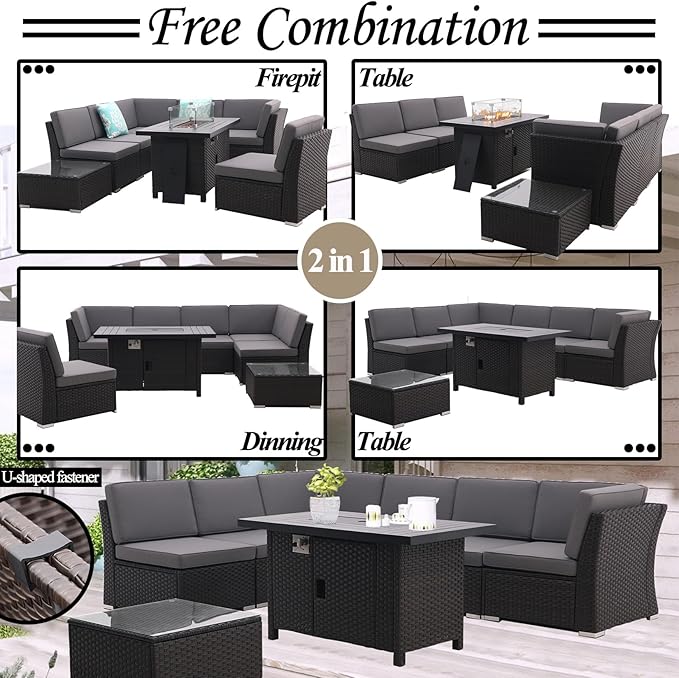 Patio Sofa Set with 46 Inch Firepit Table Coffee Table Outdoor Sectional Patio Conversation Set Patio Furniture All Weather/Thick Cushion/ 8 PCS Rattan Outdoor Sofa