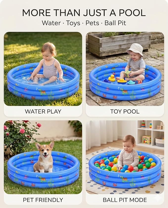 Baby Pool for Toddlers 1-3 with Bubble Bottom, Inflatable Kiddie Pool for Kids with Easy Drain Plug, Small Blow Up Pool for Backyard Summer Water Play, Durable Kids Swimming Pool (Blue)