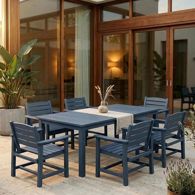 Kingdura 7 Piece Patio Dining Set for 6, 75.2'' HDPE Outdoor Dining Table Set with 2" Umbrella Hole, Weather-Resistant Outdoor Furniture, Table and Chairs Set for Backyard Pool Garden, Navy Blue