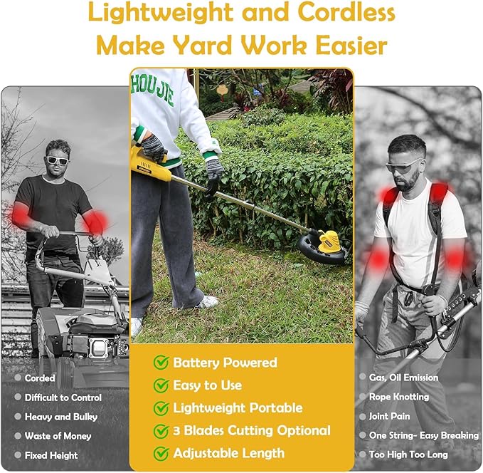 Cordless Weed Wacker & Edger for Dewalt 20V Battery, 157cm/61in Electric String Trimmer Brush Cutter with Brushless Motor, Grass Trimmer Kit with Metal Blade & String Line for Garden Yard (Tool Only)