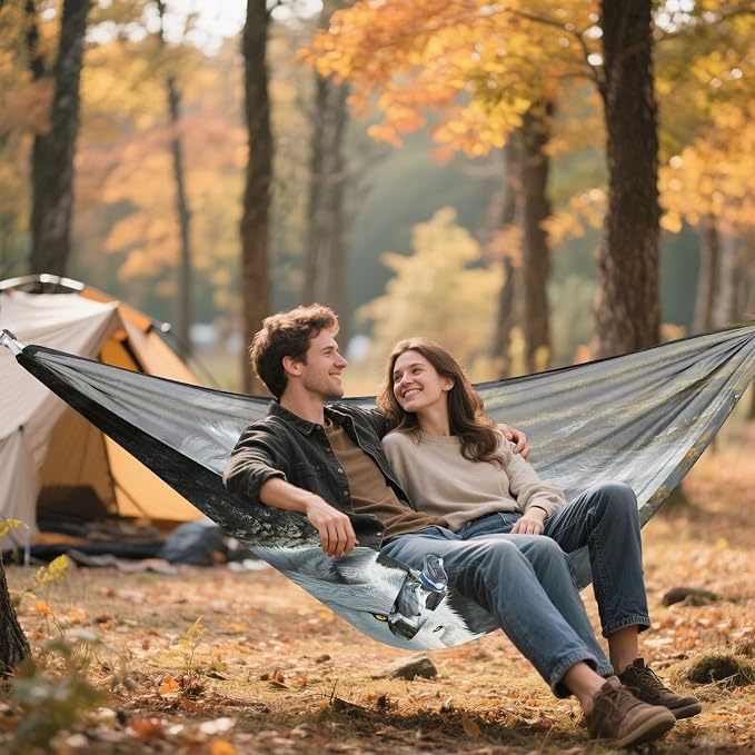White Wolf in Forest Camping Hammock, Portable Lightweight Single Hammock with 3 Straps and Aluminum Carabiners, 114" x 54" Travel Hammock for Hiking Backpacking Beach