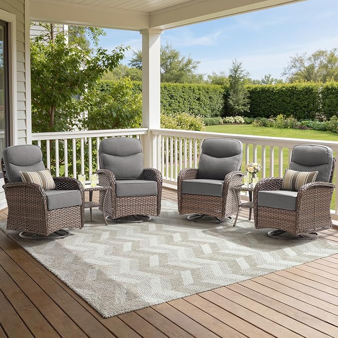 Luxury Wicker Patio Furniture Set with 6-Inch Thick Cushions, 6 Pieces Outdoor Swivel Rocker Patio Chairs Set of 4 with Rattan Side Table, Ooutdoor Patio Conversation Sets for Garden Porch Deck, Gray