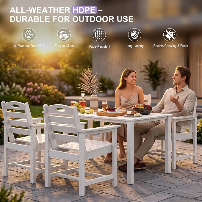 Domi HDPE Outdoor Dining Set, All-Weather 7 Piece Outdoor Dining Table Set with 2" Umbrella Hole, Outdoor Patio Dining Set for Garden, Poolside, Backyard, Deck, White