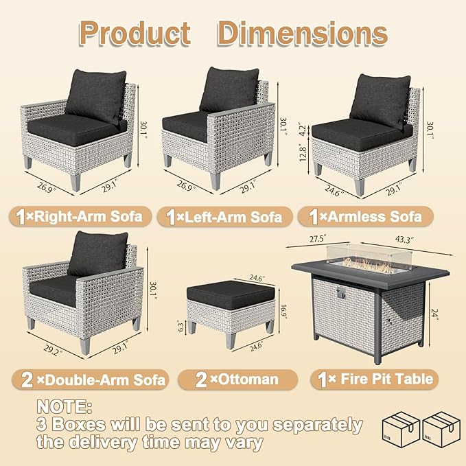 8 Pieces Patio Furniture Set with Fire Pit Table and Ottomans, Modern Outdoor Sectional Sofa with Comfy Cushions, Modular Wicker Rattan Patio Conversation Set, Black