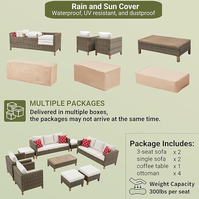 9 Pieces Outdoor Patio Furniture Sets, Wicker All Weather Sectional Sofa with Metal Top Coffee Table, Rattan Conversation Set, Couch Furniture for Backyard, Garden, Porch, Poolside, Beige Cushions