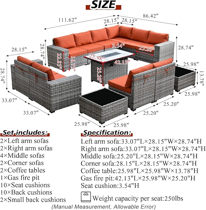 HOOOWOOO Outdoor Patio Sectional Furniture Sofa Set with Propane Fire Pit Table,13 Piece Large Modern Wicker Couch with Widened Armrest,Modular L Shaped Conversation Seating Set(Orange Red)