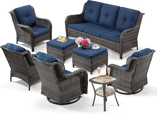 Wicker Patio Furniture Sets 8 Piece Set with 3-Seat Sofa, 2 Swivel Rocking Armchairs, 2 Armchairs, 2 Ottoman and 1 Side Table Wicker Outdoor Furniture Sectional Conversation Set, Blue