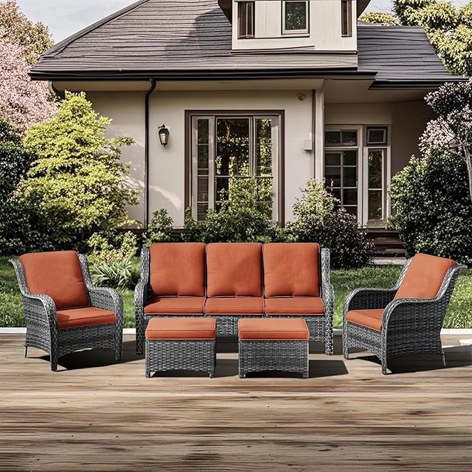5 Pieces Outdoor Patio Furniture Conversation Set PE Rattan Wicker with a 3-Seater Sofa, 2 Armchairs, 2 Outdoor Ottomans for Yard Garden Backyard Porch Poolside GNR (Grey/Orange)