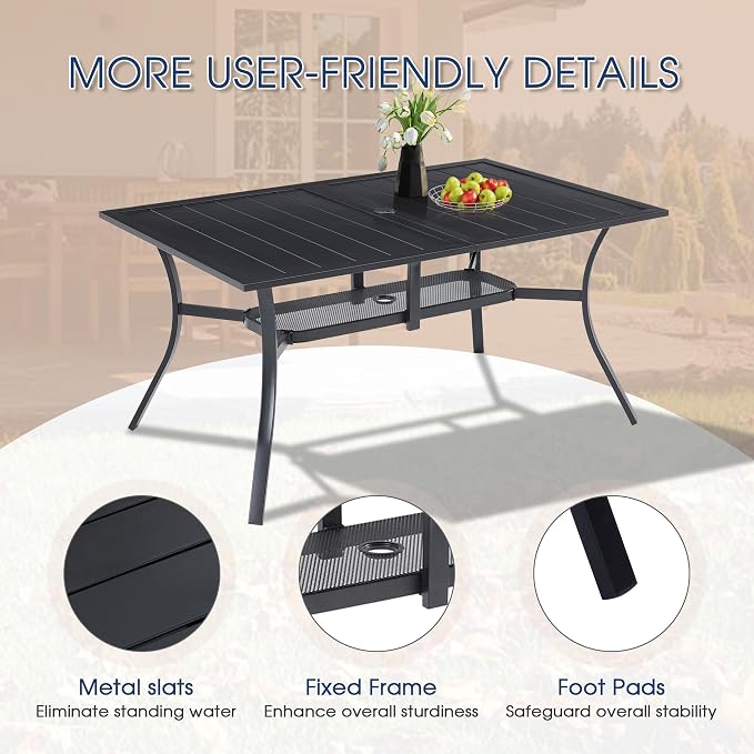 VICLLAX Patio Dining Set, 59.2" Black Table & 6 Chairs with Grey Cushion | Outdoor Table and Chairs Set of Rectangular Metal Patio Table, Outdoor Dining Chairs with Metal Frame, Garden Deck Porch