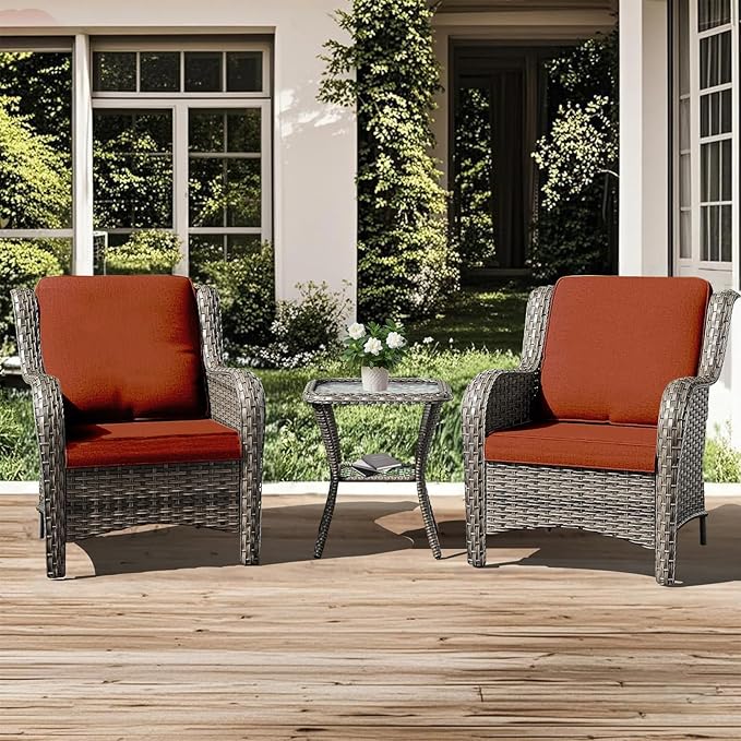 3 Pieces Patio Furniture Conversation Set PE Rattan Wicker Outdoor with 2 Armrest Chair and 1 Coffee Side Table, Soft Thick Washable Cushion for Yard Backyard Poolside Garden (Grey/Orange)