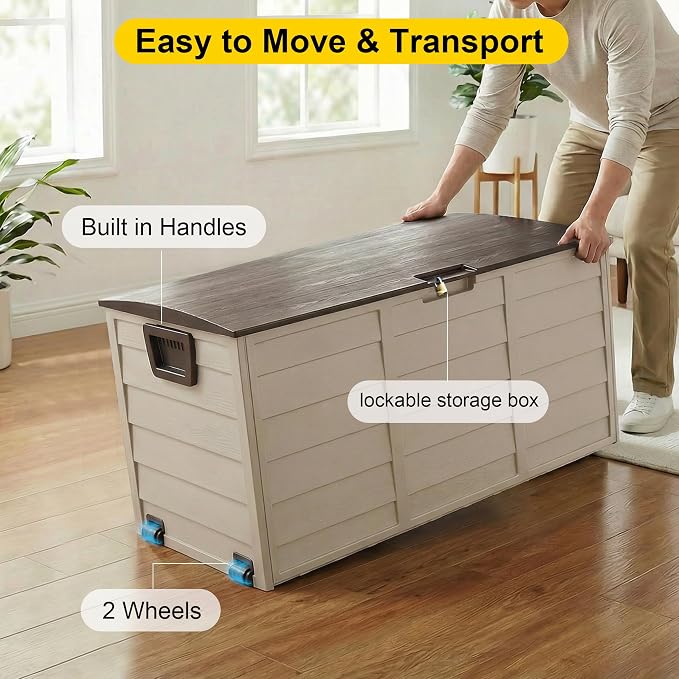 75 Gallon Resin Deck Box, Waterproof Anti-UV Lockable Outdoor Storage Bin for Patio Furniture Garden Tools, Heavy Duty Indoor Package Delivery Deck Boxes for Pillows Pool Cushions, Beige