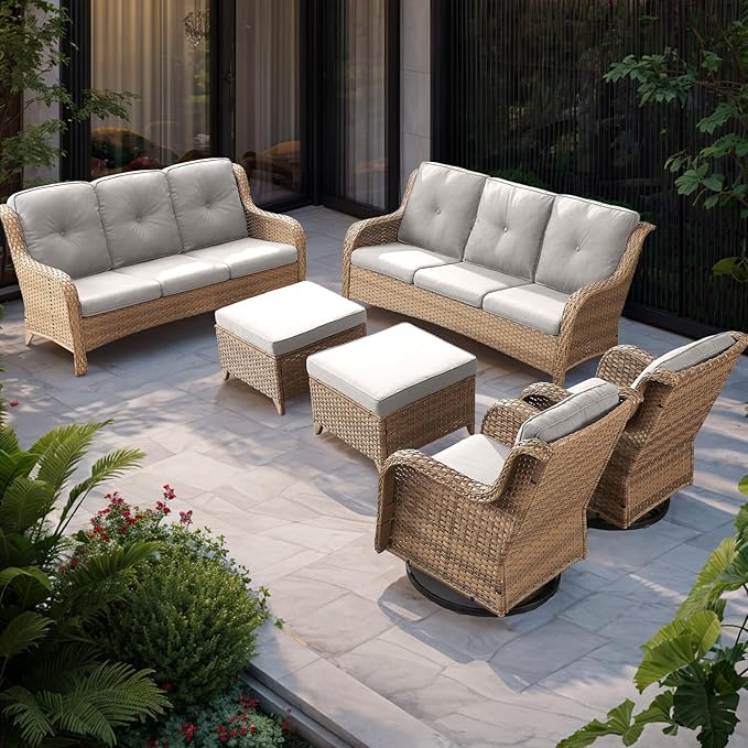 Rilyson Patio Furniture Swivel Chairs Set - 6 PC Wicker Rattan Outdoor Sectional Conversation Sets with 2 Rocking Chair,2 Ottoman and 2 Sofa for Porch Deck Garden(Yellow/Beige)
