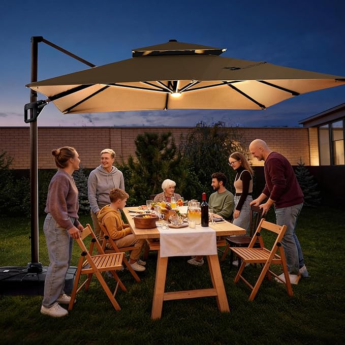 JZAC & QZYD 9x12 FT Outdoor Cantilever Patio Umbrella with LED Lights, Large Heavy Duty 2-Tier Aluminum Offset Umbrellas with 360-Degree Rotation for Pool Deck, Beige