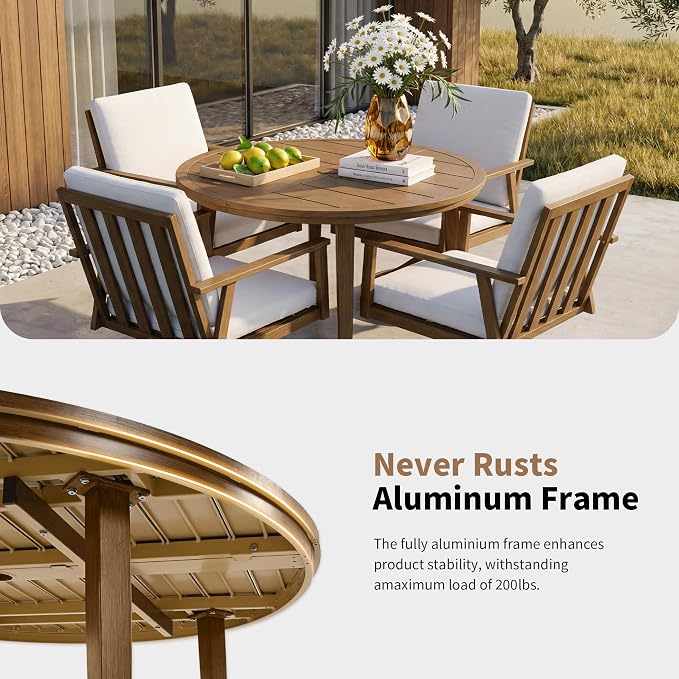 41" All-Aluminum Round Outdoor Dining Table, Modern Faux Wood Grain Patio Table with Umbrella Hole, Rust-Resistant Metal Dining Table for Garden, Backyard, Poolside & Lawn, Teak