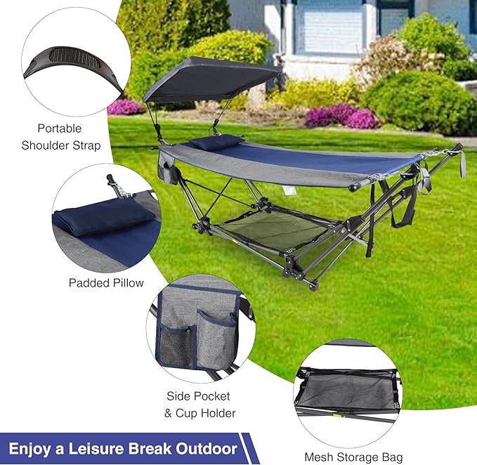RedSwing Camping Hammock with Stand, Portable Hammock with Removable Canopy, Pillow and Storage Net,Foldable Heavy Duty Steel Frame Space Saving for Indoor Outdoor Backyard Beach Garden