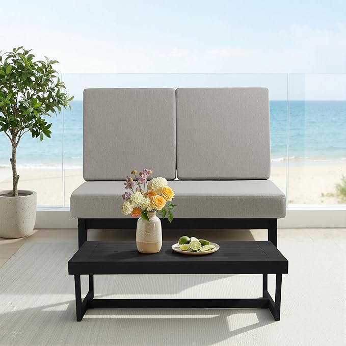 UIXE 6 Pieces All Weather Black Wood Patio Furniture Sets, 2 Patio Loveseat, 2 Patio Bistro Chair, Outdoor Sectional Sofa Furniture Backyard Conversation Set with Coffee Table - Light Camel