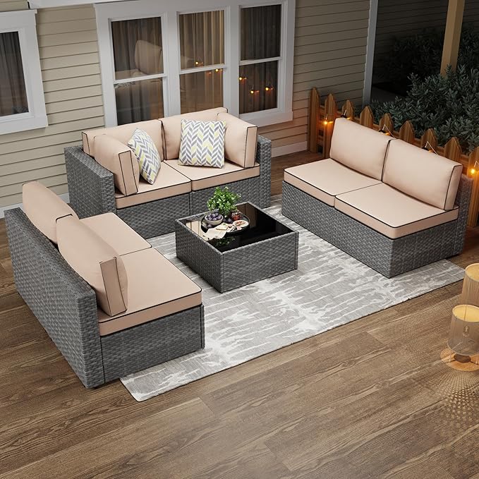 JAMFLY 7-Piece Outdoor Patio Furniture Set, Modular PE Rattan Sectional Sofa with Thick Cushions & Glass Coffee Table, Weather-Resistant Wicker Conversation Set for Poolside, Balcony, Garden, Khaki