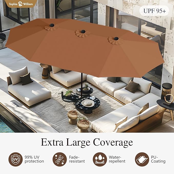 Sophia & William 15 ft Extra Large Patio Umbrella with Base Included, Rectangular Outdoor Umbrella Heavy Duty, Market Umbrella Double-sided Fade Resistant for Pool Garden Backyard, Maillard Tawny