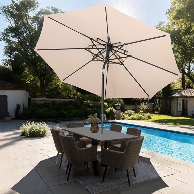 9FT Outdoor Patio Umbrella - 2 Tiers Table Umbrella Waterproof UV Protection, Sombrillas de Patio with Push Button Tilt, Sun Umbrella for Pool, Porch, Garden, Backyard (Beige)