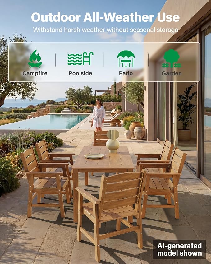 YEFU Patio Dining Sets 10-Piece: All-Weather Outdoor Table and Chairs with Umbrella Hole - Easy Assembly Patio Dining Set for 8 Modern HIPS Furniture with Aluminum Frame for Family with Deck Teak