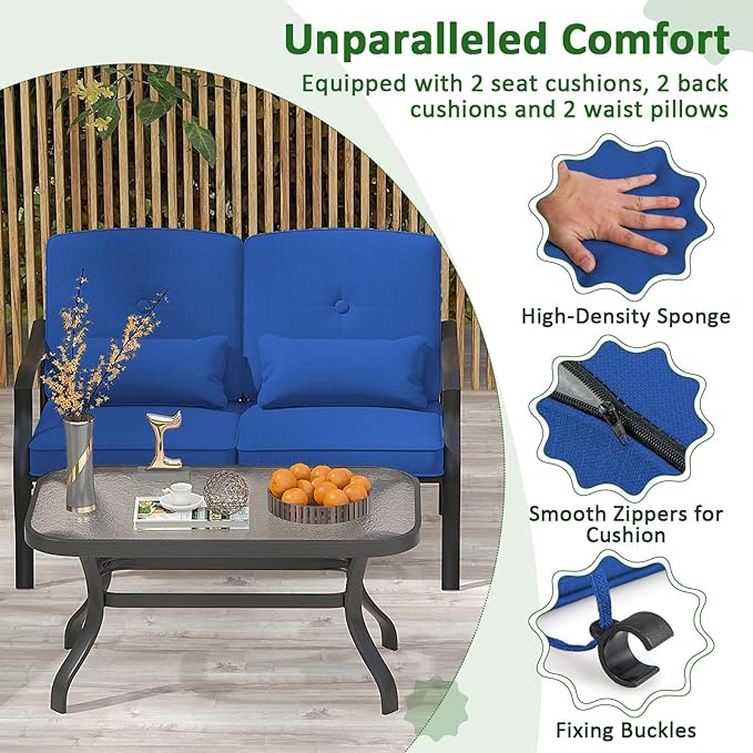 Tangkula 2 Piece Patio Furniture Set, Outdoor Loveseat Chair Set with Seat Back Cushions & Waist Pillows, Tempered Glass Coffee Table, Heavy-Duty Metal Sofa Set for Yard Garden Balcony Poolside