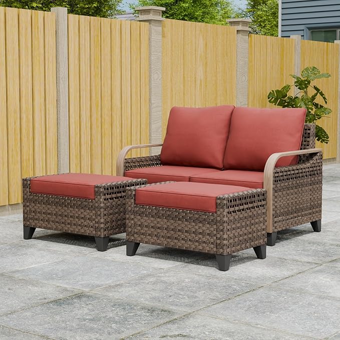 Modern Wicker Patio Furniture Set, Rattan Outdoor Conversation Set with Comfortable Cushions, 2 Seat Loveseat and 2 Ottomans, 3 Pieces, Brown/Red