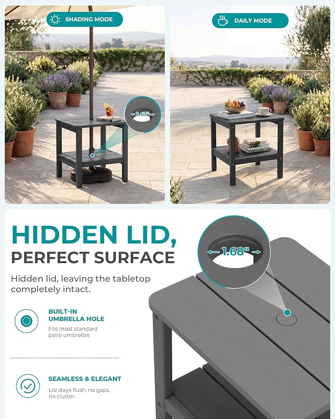 SERWALL Double Layer Adirondack Side Table with Umbrella Hole, HIPS Outdoor Side Table Rectangular End Tables for Patio, Poolside, Garden, Gray