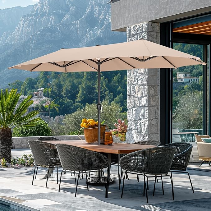 GREEN PARTY 13ft Rectangle Patio Umbrella, Double Sided Outdoor Table Umbrella with Crank & 1.5" Pole, Large Market Umbrella for Poolside Garden Deck Backyard, Beige