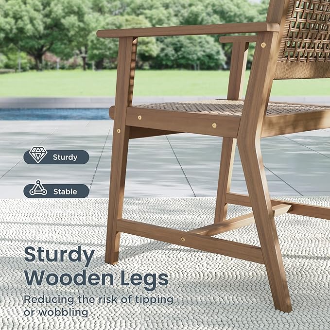 PHI VILLA Outdoor Acacia Wood Chairs Set of 2, Patio Dining Armchairs with Wicker Back & Seat, Farmhouse Style Teak Seating Furniture for Deck Yard Balcony Garden - Light Brown