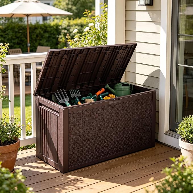 90 Gallon Large Outdoor Storage Box, Indoor and Outside Deck Box with Lockable Design Lids, Waterproof Resin Storage Containers Bin for Garden, Garage, Patio, Poolside, Toy Storage Brown