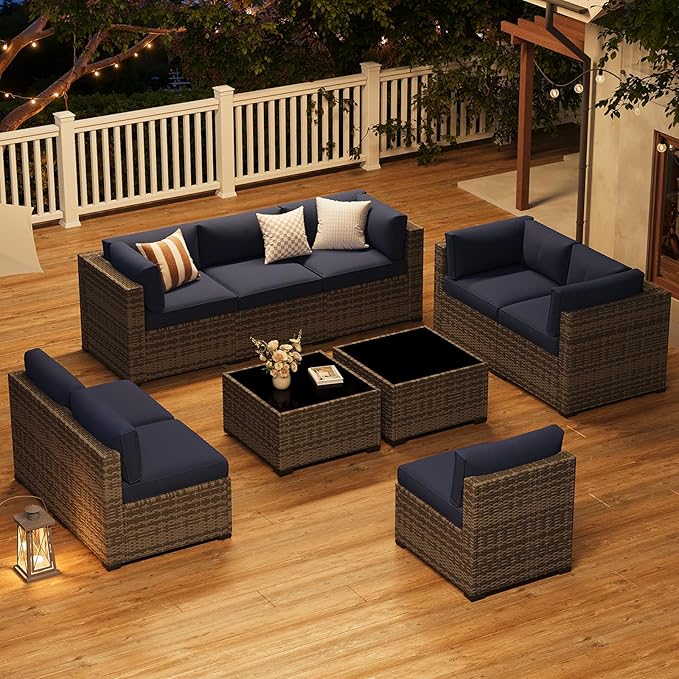 LazySunsets 10-Piece Patio Furniture Set, Wicker Rattan Outdoor Furniture with Thick Cushions, Patio Conversation Sets with Coffee Table, Outdoor Sectional Couch Sofa with Waterproof Cover, Blue