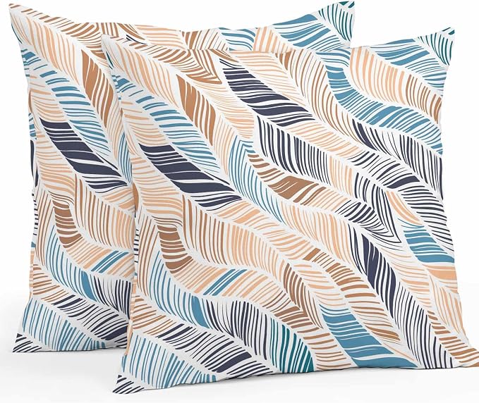 Vandarllin Outdoor Throw Pillows Covers 20x20 inch Set of 2 Waterproof Summer Beach Decorative Zippered Cushion Covers for Patio Furniture, Yellow Blue Ombre Abstract Leaf Lines Lumbar Pillowcases