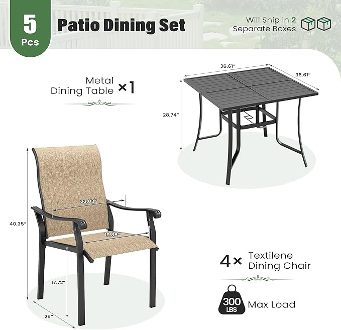 UDPATIO 5 Piece Outdoor Patio Table and Chairs Set for 4, 37" Black Square Table with Umbrella Hole, Metal Brown Patio Chairs Set of 4, Patio Table with Chairs, Outdoor Patio Dining Set for Lawn